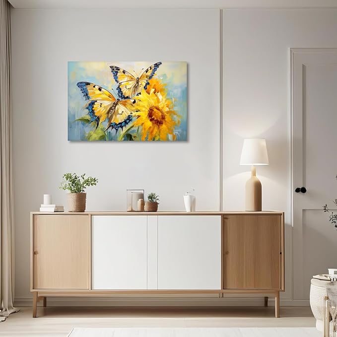 KPLUNDO Butterfly Wall Art Sunflower Picture Abstract Landscape Painting Modern Aesthetics Artwork for Living Room Office Home Wall Decor Stretched and Framed Ready to Hang(Art-5,20.00x30.00 inch)