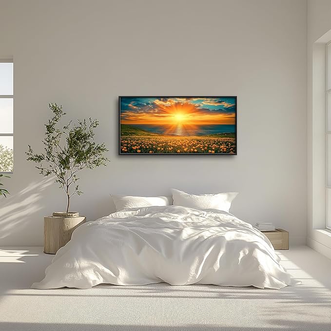 Tulip Flowers Large Wall Art Coastal Floral Landscape Pictures Wall Decor Ocean Canvas Prints Painting Framed Artwork Home Decorations above Bed for Bedroom Living Room Kitchen Dining Room 60"x30"