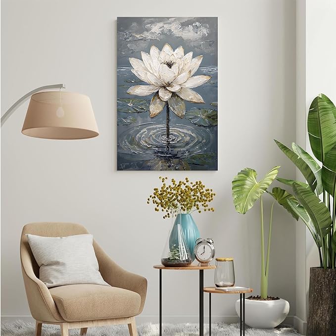 Stunning white lotus emerges from prismatic water with delicate petals background Serene aquatic wall art suitable for modern minimalist decor 16x24in Wood Framed