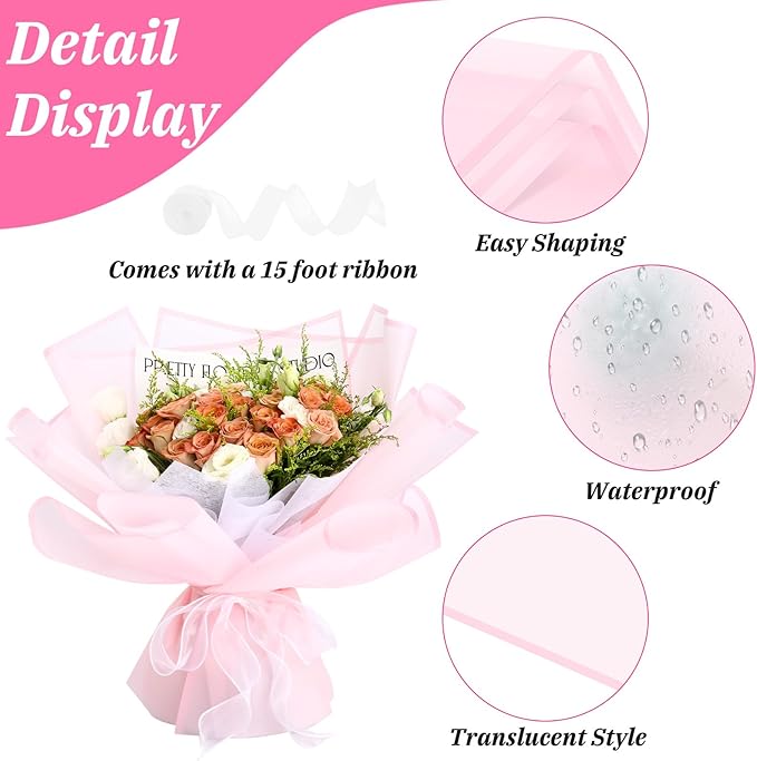 Rumvan Flower Wrapping Paper, 20 Sheets, Waterproof, Floral Bouquet Design, for Wedding, Birthday Gift, DIY Florist Supplies (Pink colour)