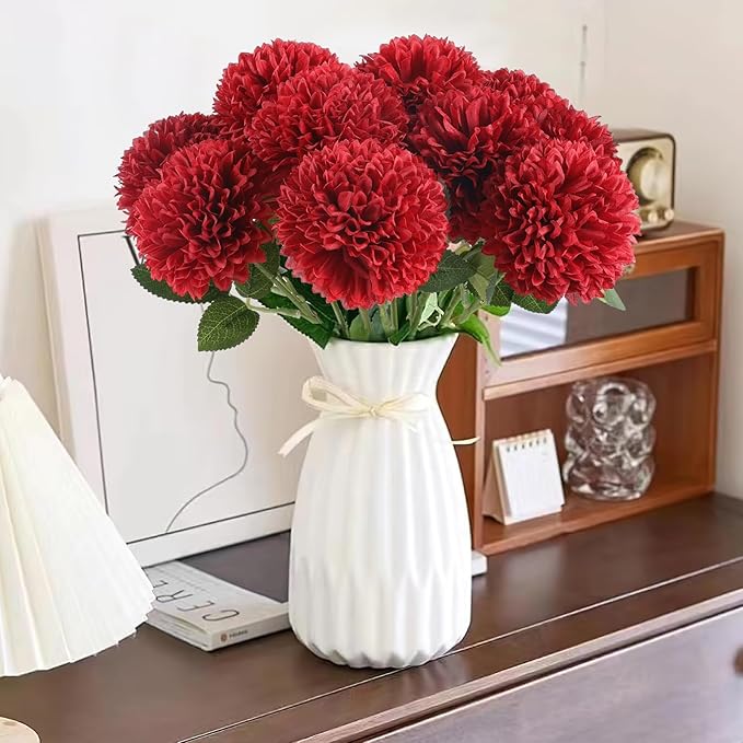 Hananona 12 Pcs Artificial Chrysanthemums Flowers Burgundy Red Flowers, Fake Mums Silk Flowers for Spring Home Decor Christmas Floral Arrangement Halloween Table Centerpiece (12, Burgundy)