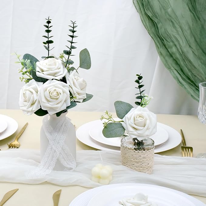 Artificial Flowers, 25pcs Artificial Rose for DIY Bouquets Arrangement, Sand White Rose Flowers Foam Fake with Stems for Wedding Shower Party Floral Arrangements Tables Home Decorations