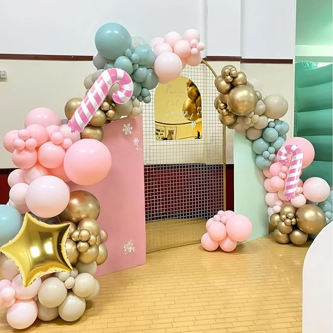 Christmas Decorations Balloons Arch Kit, Pastel Pink Green White Gold Balloons with Star Peppermint Candy Cane Foil Balloon for Christmas Xmas Gingerbread Nutcracker Baby Shower Birthday Party Decor