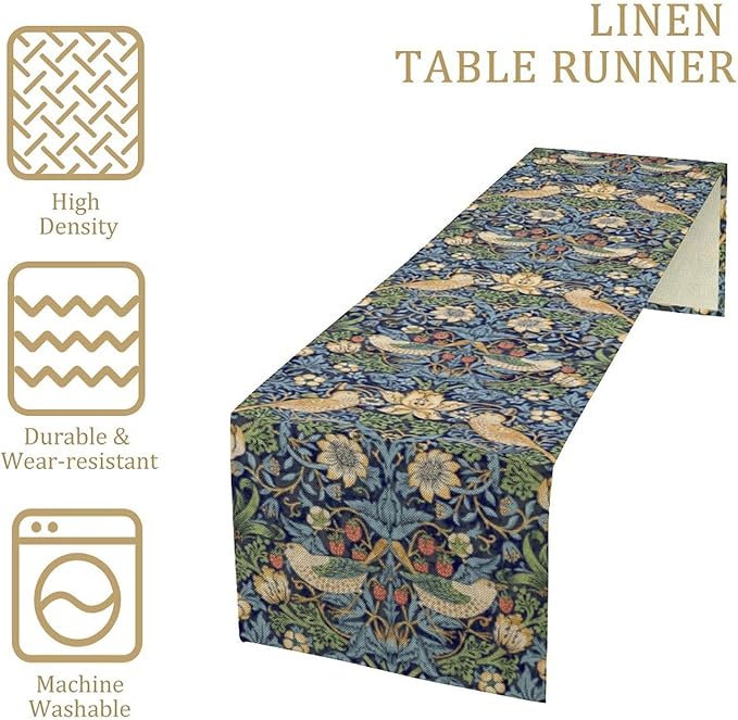 William Morris Floral Table Runner,Flowers Botanical Printed Table Runner for Home Kitchen Dining Table Decoration,13x90 Inch Strawberry Thief