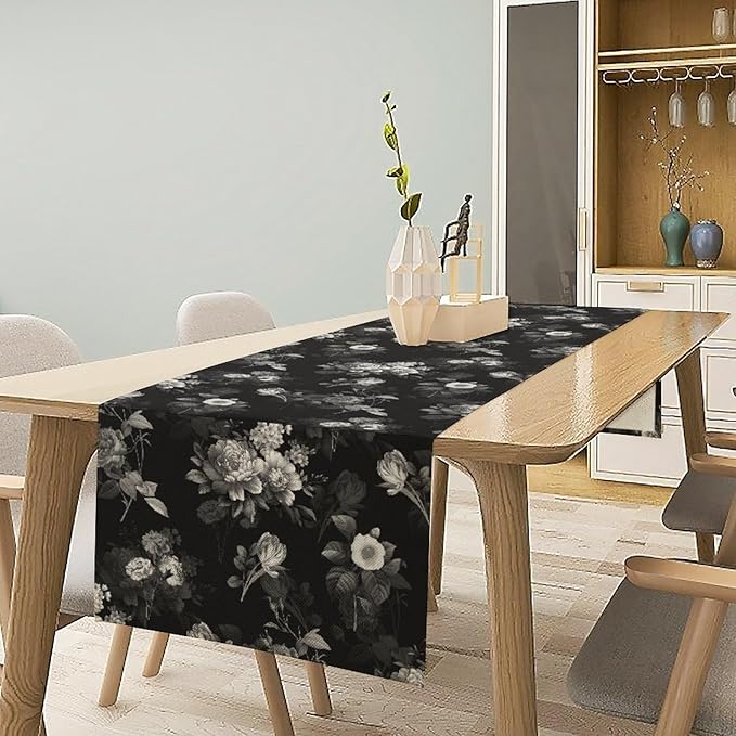 Vintage Botanical Table Runner, Abstract Watercolor Black White Gothic Flower Leaves Plants Print Table Runner for Seasonal Home Decoration Indoor Outdoor Party Decor, 13x90inch