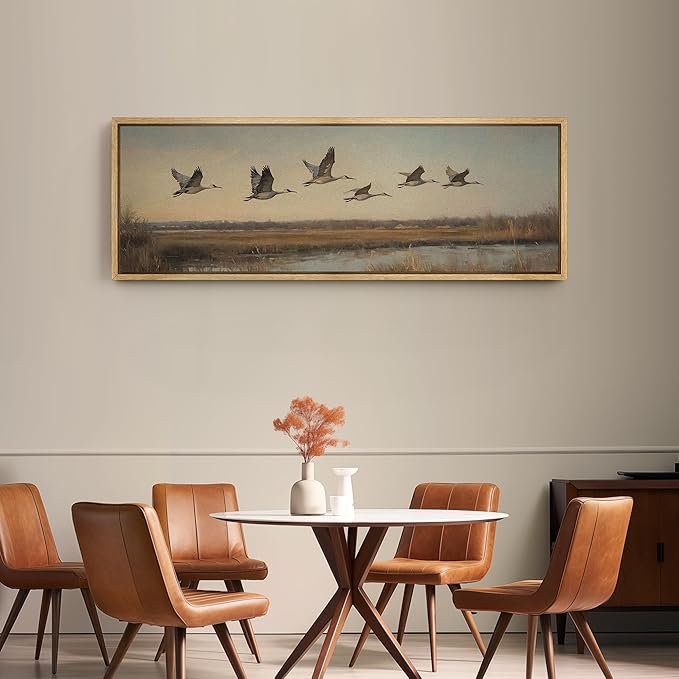 SIGNFORD Large Framed Canvas Print Wall Art Flying Cranes Over Wetlands Vintage Nature Bird Scene Illustrations Modern Art Relax/Calm Warm for Living Room, Bedroom, Office - 60"x20"