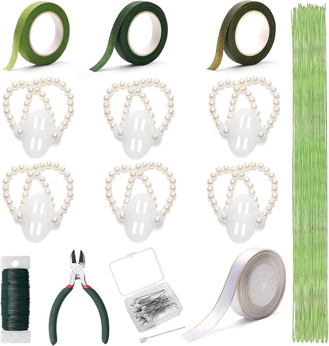 AHIER Corsage Wristlet Band, 162PCS DIY Wrist Corsage Kit with 6P Corsage Bracelet, Wire Cutter and Floral Wire, Green Floral Tape, Pin, Ribbon for Wedding Party Boutonniere Wrist Corsage Supplies