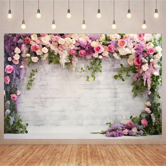 10x8ft Retro White Brick Wall Floral Backdrop Romantic Roses Vine Leaves Photography Background Girls Birthday Party Wedding Bridal Shower Flowers Brick Wall Decoration Supplies Photo Booth Props