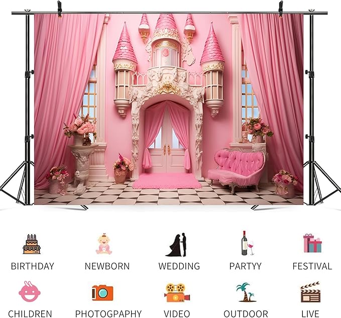 20x10ft Pink Castle Backdrop Room Door Curtain Photography Background Flowers Vases Sofa Princess Girl Birthday Banner Decorations Newborn Baby Shower Wedding Party Portrait Photo Booth Prop