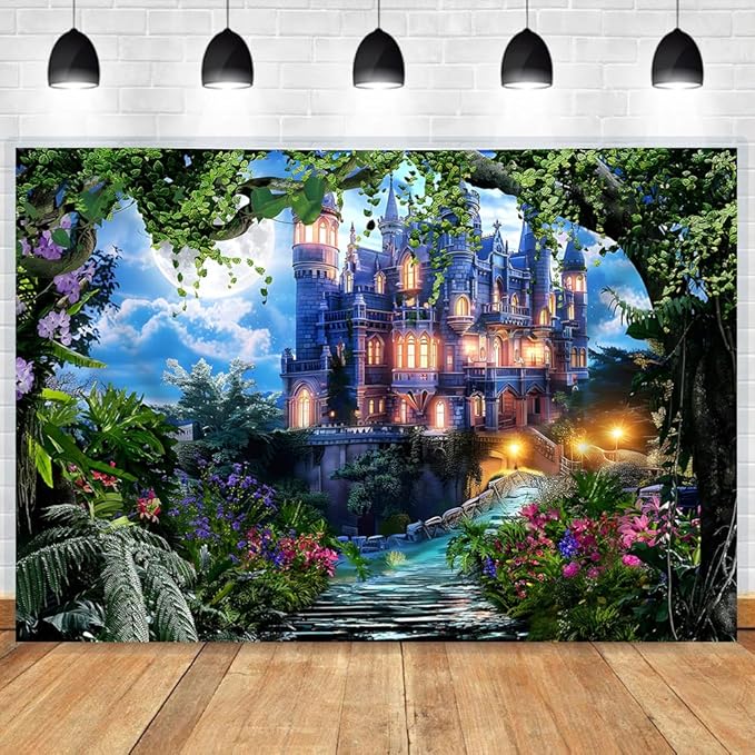 9x6ft Spring Fantasy Castle Palace Backdrop Vinyl Fairy Tale Prince Princess Flower Forest Wonderland Castle Photography Background Girl Home Decor Birthday Party Portrait Photo Props