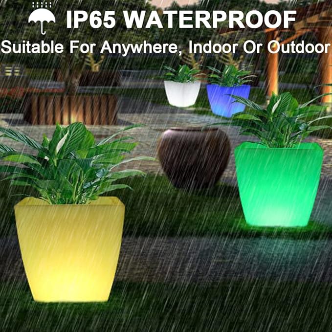 16-In Square LED Planter Pot Outdoor, Large Rechargeable Lighted Flower Pot w/Remote, Dimmable RGB Color Changing Light Up Plant Pots, Modern Waterproof Illuminated Planter for Home Balcony Porch Yard