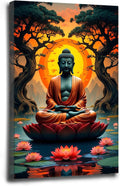 Canvas wall art Golden Buddha on lotus at sunset Ancient trees with reflections on water Serene meditation scene Uplifting wall art for mindfulness and tranquil home decor 28x40in Wood Framed