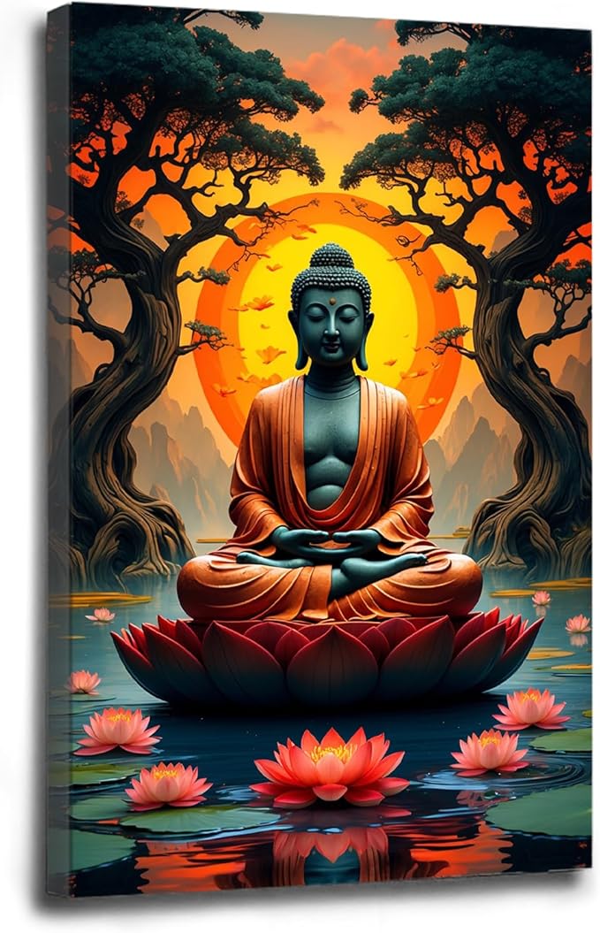 Canvas wall art Golden Buddha on lotus at sunset Ancient trees with reflections on water Serene meditation scene Uplifting wall art for mindfulness and tranquil home decor 16x24in Wood Framed