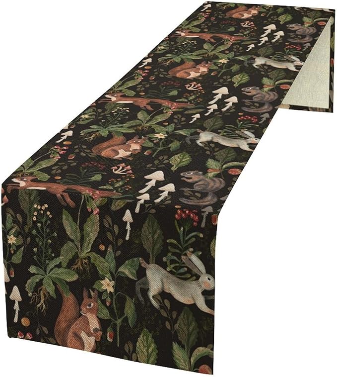 Rustic Woodland Table Runner, Rustic Forest Wild Animals Bunny Rabbit Squirrel Mushroom Plants Table Runner for Holiday Farmhouse Kitchen Dining Table Decor, 13x120inch