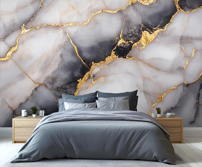 Golden Veins Marble Wall Mural, Black and White Marble 3D Wall Murals, Luxury Stone Wallpaper Mural, for Living Room Bedroom Large Wallpaper Indoor Decor 169.3" W x118.2 H