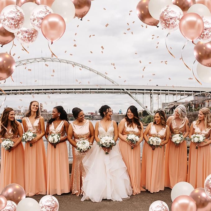 Rose Gold Confetti Balloons, 50pcs 12 Inch Metallic Rose Gold Balloons Rose Gold and White Latex Balloons with 33 Feet String for Bridal Shower Sweet 16 Birthday Party Wedding Anniversary Decorations