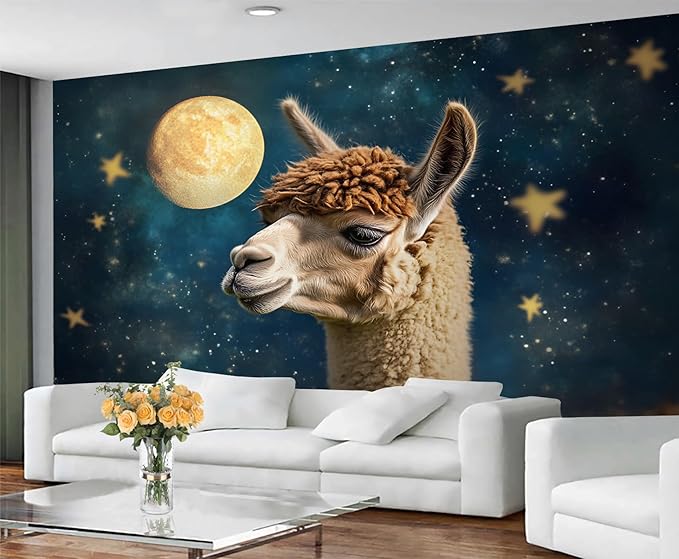 Starry Sky Alpaca Wall Mural, Dreamy Galaxy Moon Alpaca 3D Wall Murals, Cute Animal Wallpaper Mural, for Living Room Bedroom Large Wallpaper Indoor Decor 169.3" W x118.2 H