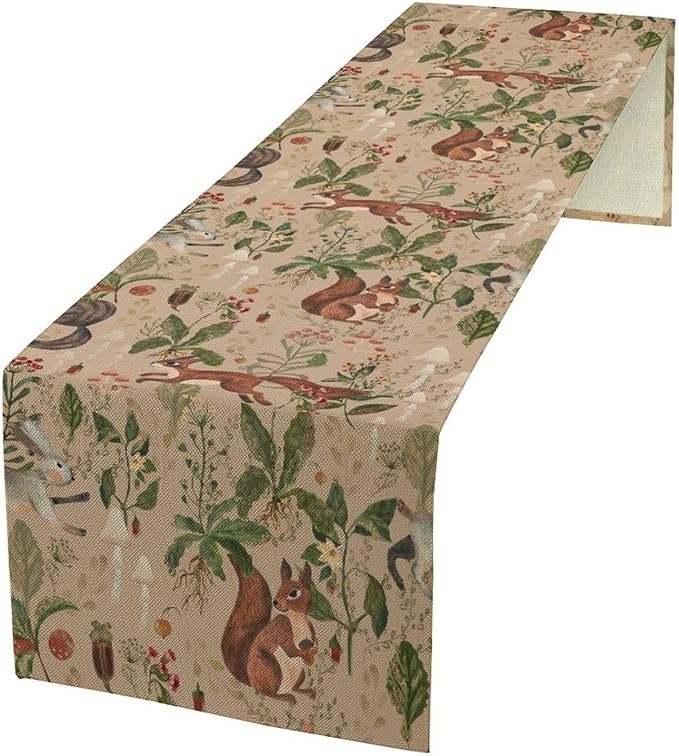Rustic Woodland Table Runner, Retro Cabin Lodge Fairy Tale Forest Wild Animals Hare Squirrel Print Table Runner for Kitchen Dining Home Decor Wreath Party Decoration, 13x60inch