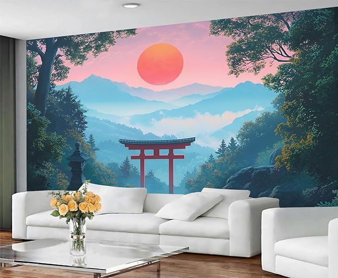 KIREUPA Japanese Torii Gate Wall Mural, Sunrise Mountain Landscape 3d Wall Murals, Zen Nature Art Wallpaper Mural, for Living Room Bedroom Large Wallpaper Indoor Decor 177.16" W x120 H