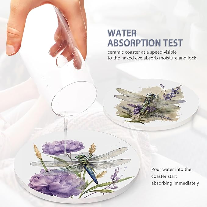 Coaster for Drinks Set of 6, Dragonfly Flower Absorbing Round Ceramic Stone Coaster with Cork Base,Tabletop Protection Mat for Mugs and Cups,Coffee Table Wine Glass Home Bar 4 Inch