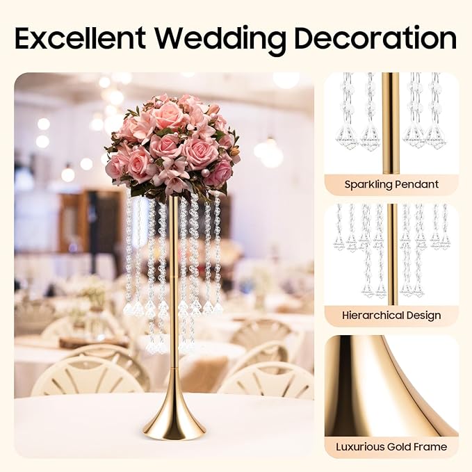 10 Pack 21.9"/55.6cm Tall Crystal Beaded Flower Stands, Metal Wedding Centerpiece Vases for Table/Aisle Decor - Reusable Event Centerpieces for Home, Party, Hotel (Gold)