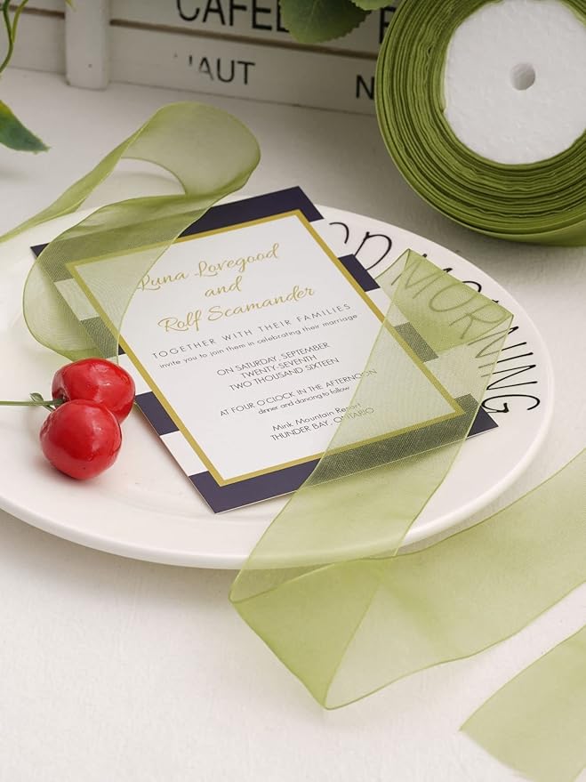 2 Roll Saga GreenOrganza Ribbon 1.5 Inch - 100 Yards for Wedding Gift Wrapping, Invitations & Party Decoration