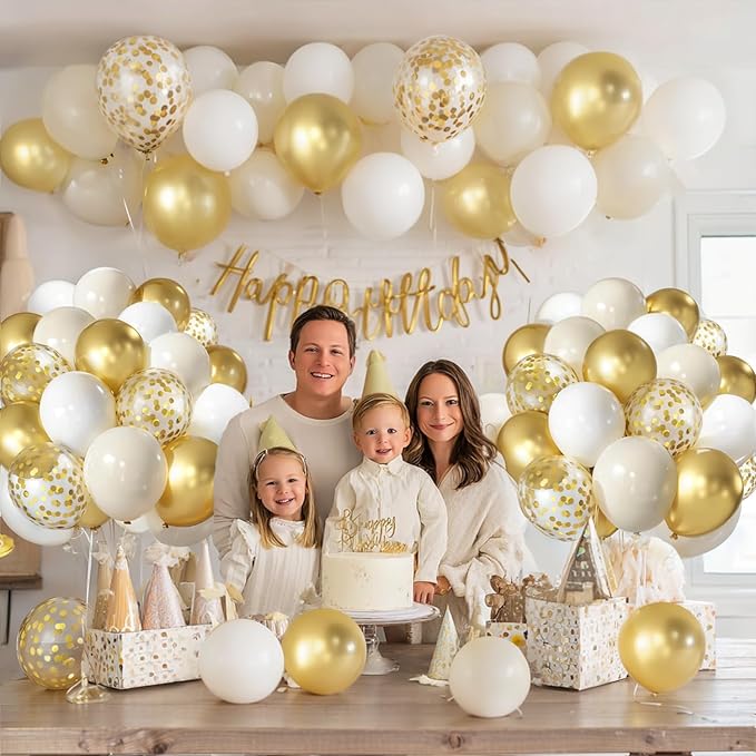 White and Gold Confetti Balloons, 50pcs 12 Inch Metallic Champagne Gold Latex Balloons Matte Sand Beige White Latex Balloons for Birthday Graduation Wedding Gender Revea Party Decorations