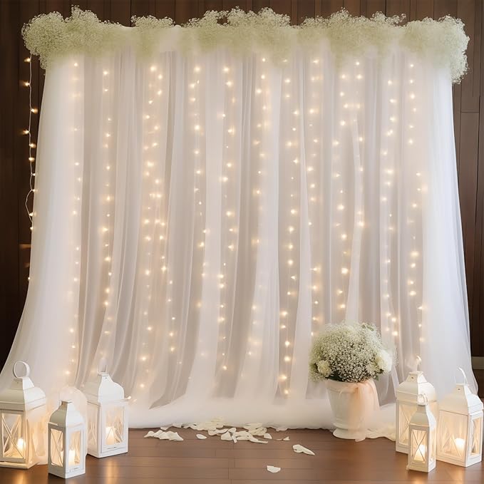 10ft x 8ft White Backdrop Curtain with Lights String for Parties, Sheer Tulle Wedding Photo Backdrops Drapes for Baby Shower Birthday Party Decorations Background for Photography