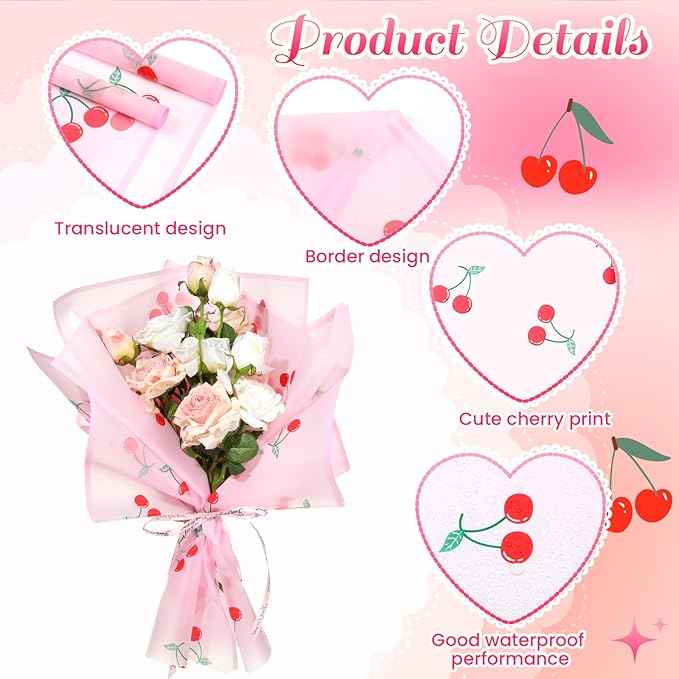 Liobelon 20 Sheets Flower Wrapping Paper Waterproof Bouquet Paper with Cherry Pattern Pink Gift Wrapping Paper for Flower Shop, Wedding, Birthday Party, Handmade DIY, Anniversary 22.8 x 22.8 Inch