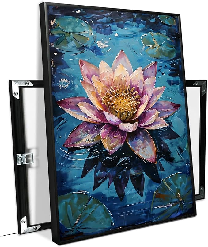 Gorgeous pink and purple water lilies on deep blue water Eye-catching oil painting Serene aquatic wall art for modern home decor 12x18in Metal blackFramed