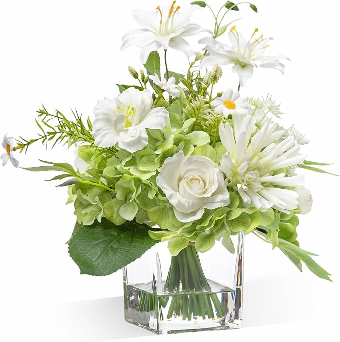 Artificial Flowers in Vase with Fake Water, 12.5" Realistic Silk Rose Peony Lily Faux Floral Arrangements with Glass Vase for Office Home Dinning Table Birthday Party Wedding Decor - White & Green