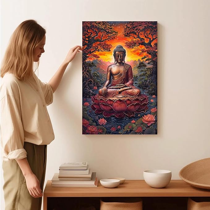 Golden Buddha on lotus seat serene meditation statue amidst lush trees flowing water and sunrise light spiritual home art for a tranquil decor 20x30in Wood Framed