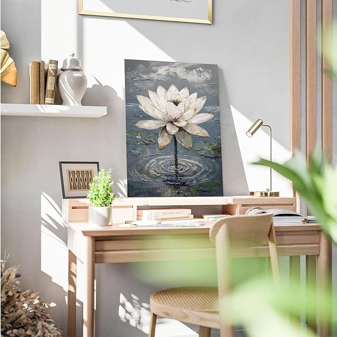 Stunning white lotus emerges from prismatic water with delicate petals background Serene aquatic wall art suitable for modern minimalist decor 12x18in Frameless