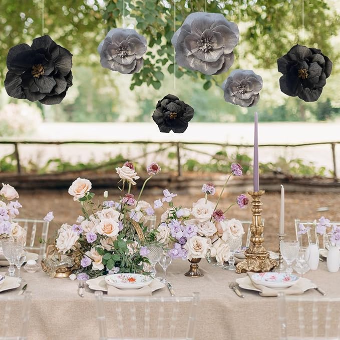 BRT Bearingshui Crepe Paper Flowers Decoration for Wall Total 6 Pcs, Artificial Flowers for Wedding Decor,Flower Backdrop Decor, Baby Bridal Shower Birthday Party, Silver Black 3D Wall Flowers Decor