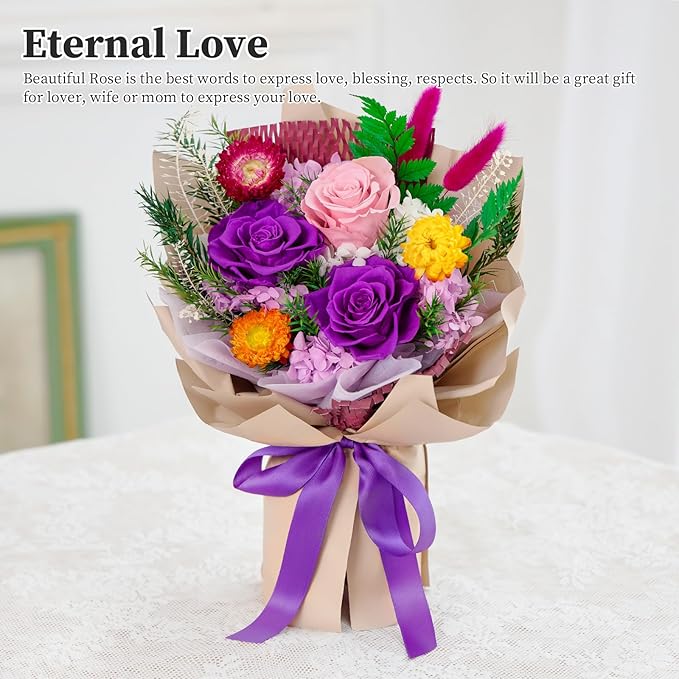 Forever Flowers Gifts for Her, Preserved Flowers Bouquet Birthday Gifts for Women, Preserved Roses for Grandma Wife Anniversary Valentine's Day Mother's Day (Purple Paper)