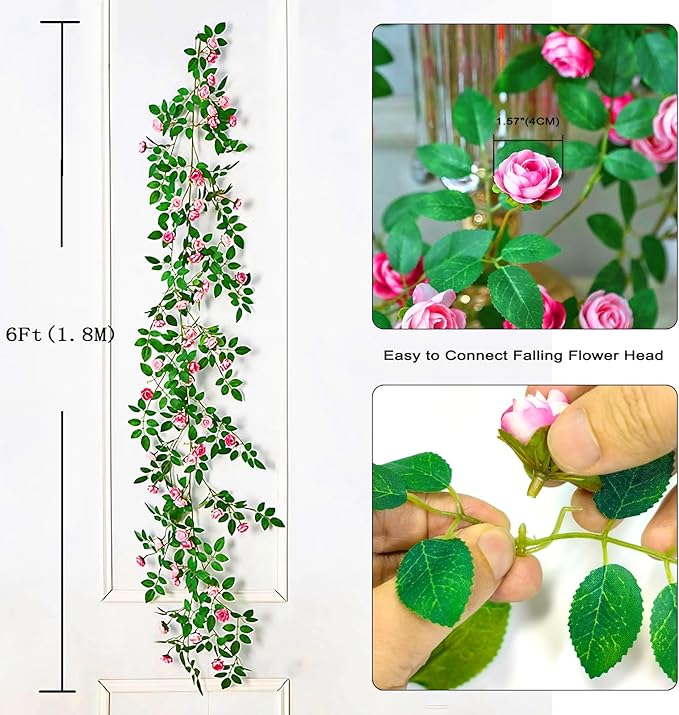 6FT Bendable Pink Rose Flower Garland, Artificial Silk Wild Roses Vine Leaves Hanging Flowers for Wall Fireplace Fence Trellis Wedding Baby Shower Room Home Spring Summer Decor(1PC)