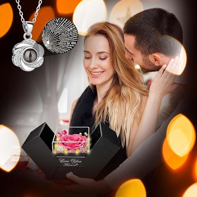 Preserved Pink Real Rose-Eternal Flowers Rose Gifts for Mom Grandma Wife Girlfriend on Mothers Day Birthday Valentines Christmas Anniversary Romantic Gifts for Her with I Love You Necklace