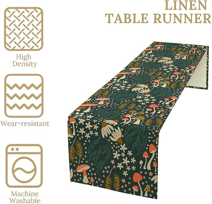 Mushroom Table Runner, Cartoon Woodland Summer Flowers Plants Forest Seasonal Spring Kitchen Dining Table Decoration for Home Party Decor, 13x120inch