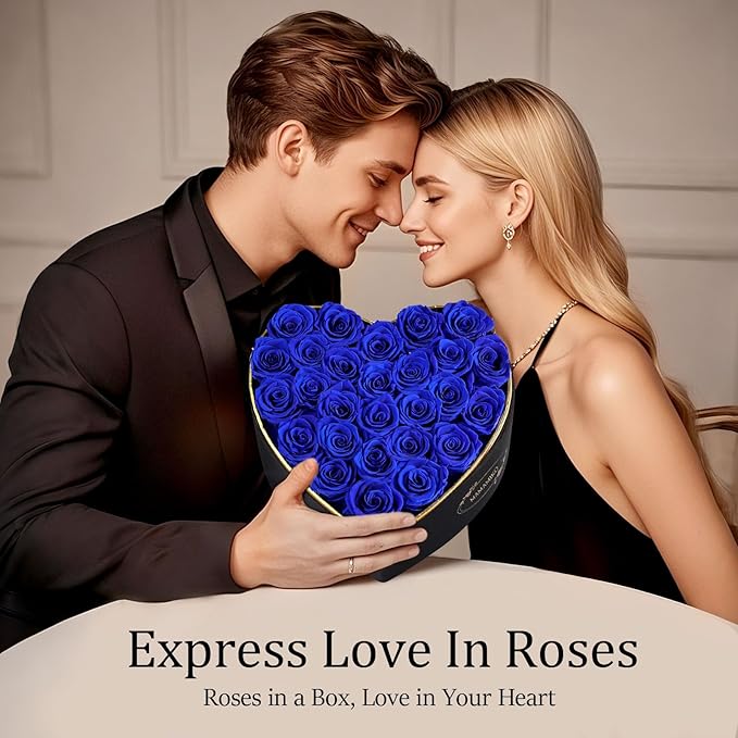 27 Preserved Roses in Heart Shape Gift Box for Her - Forever Flowers for Delivery, Eternal Rose Mothers Gifts for Mom, Wife Anniversary Birthday Gifts for Women, Blue