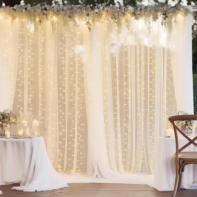 20ft x 10ft White Backdrop Curtain with Lights String for Parties, Sheer Tulle Wedding Photo Backdrops Drapes for Baby Shower Birthday Party Decorations Background for Photography