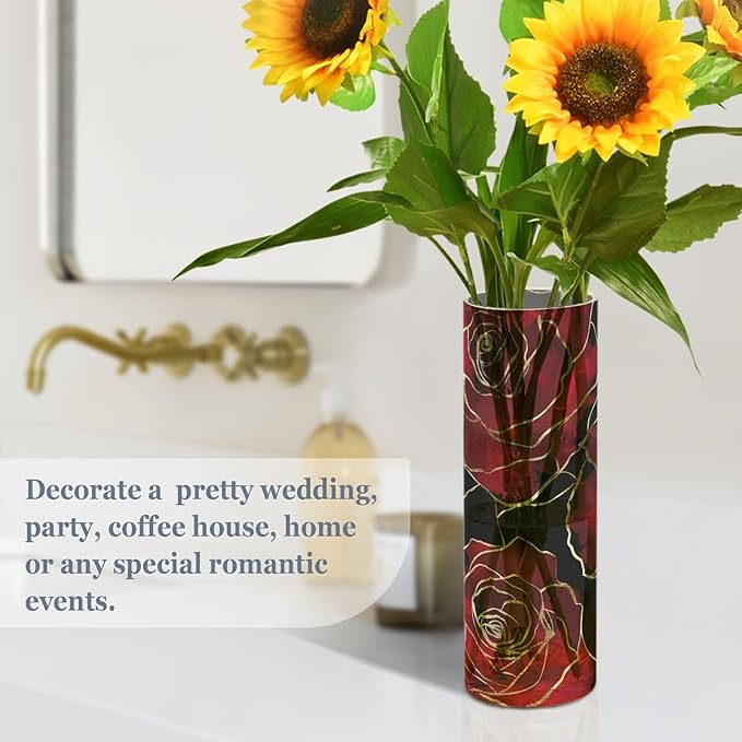 Flower Vase for Centerpieces, Red Roses Gold Black Plastic Cylinder Vase, Clear Bud Vases for Home Wedding Office Table Decor