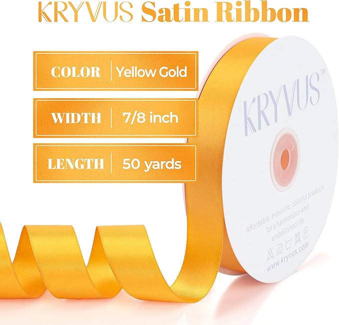 Yellow Gold Satin Ribbon, Double Faced 7/8 Inch X 50 Yards Yellow Gold Ribbon, Premium Satin Ribbon for Gift Wrapping, Crafts, Hair Bow Making, Sewing, Flower Bouquet, Wedding Party Decor