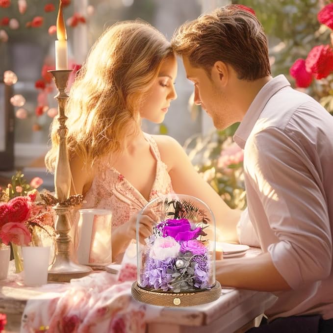 Large Preserved Flowers with Card&Box-Flowers for Delivery Prime,Eternal Rose with Lights,Roses in Glass Dome,Romantic Gift for Her,Decoration,Fresh Rose Flowers for Mom,Birthday,Anniversary (Purple)