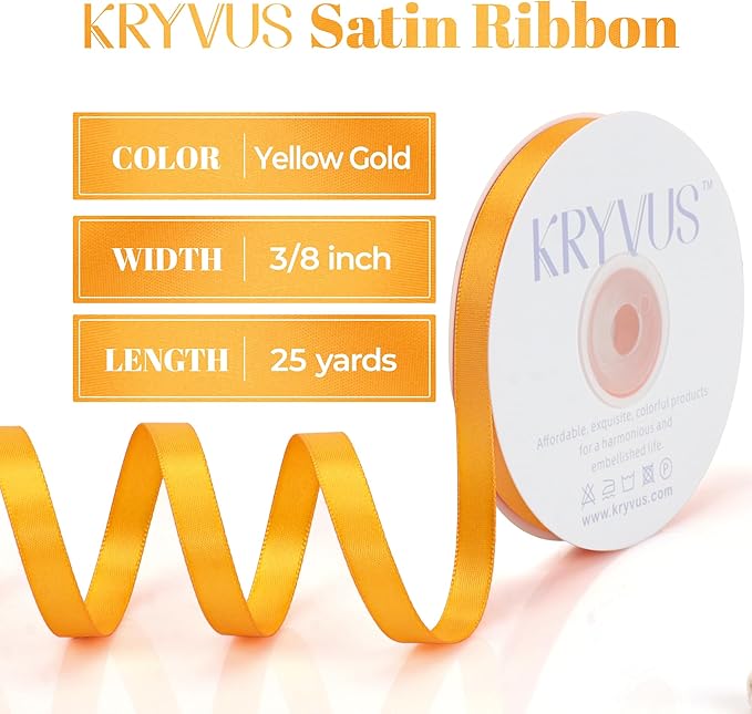 Double Faced Yellow Gold Satin Ribbon, 3/8 Inch X 25 Yards Polyester Ribbon for Gift Package Wrapping, Crafts, Bow Making, Sewing, Flower Bouquet, Wedding Party Decor
