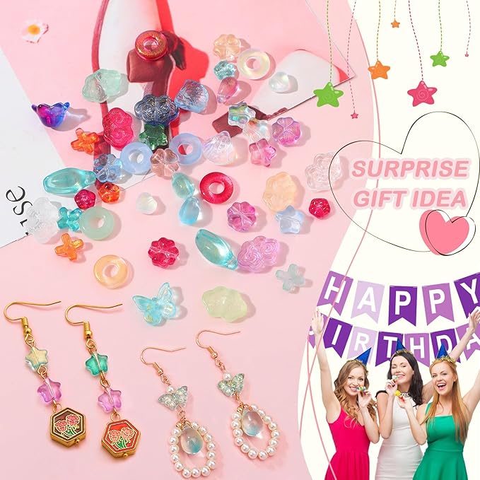 150-200Pcs Assorted Glass Beads for Jewelry Making Colorful Beads of Various Flower Butterfly Geometric Animal Bow Charms Crystal Loose Bead for Bracelet Necklace Earrings Pendant Crafts DIY