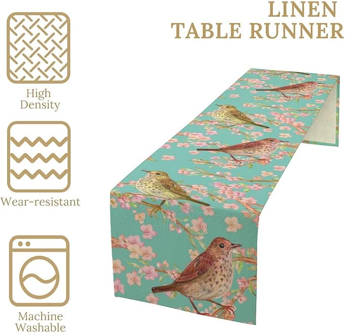 Table Runner with Flowers and Birds, Spring Plant Flowers Table Decoration Linen Table Runner Family Party Party Decorations 13x36 Inches