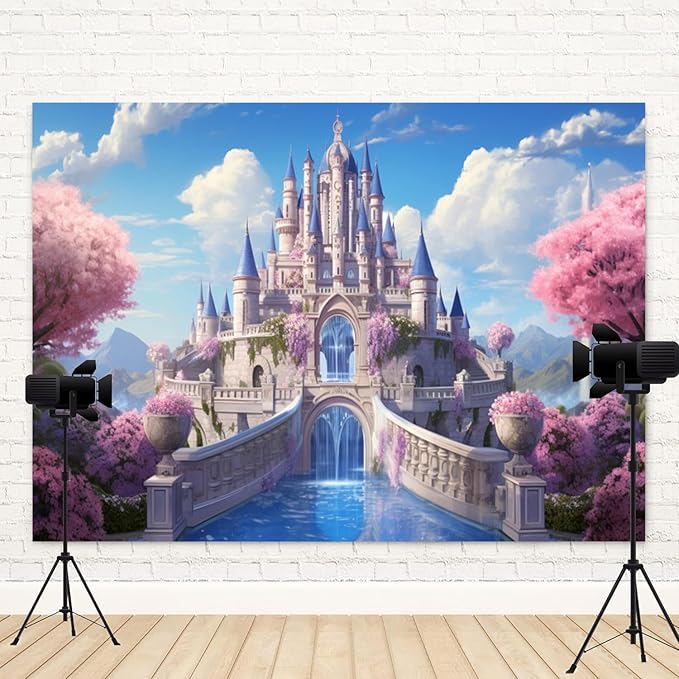 12x6ft Princess Castle Backdrop Pink Floral Blue Sky Photography Background White Cloud Forest Mountain Girls Birthday Baby Shower Banner Decorations Wedding Party Portrait Photo Booth Prop