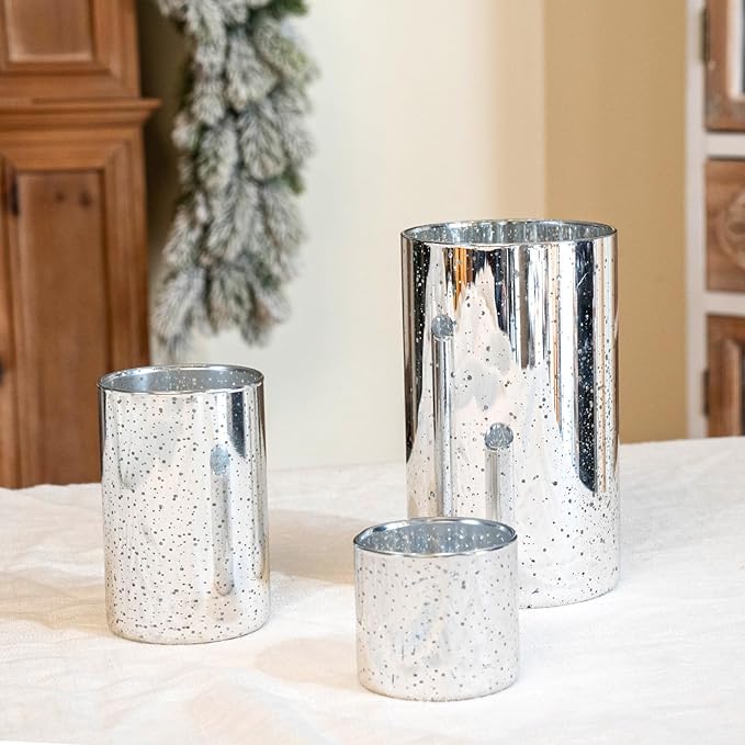 CHILL RECIPE Silver Cylinder Vases Glass Candle Holders Bulk, Mercury Hurricane Candle Holder Small Flower Vases for Centerpieces Tea Light Pillar Votive Candles Wedding Decor Party (8 Set 24Pcs)