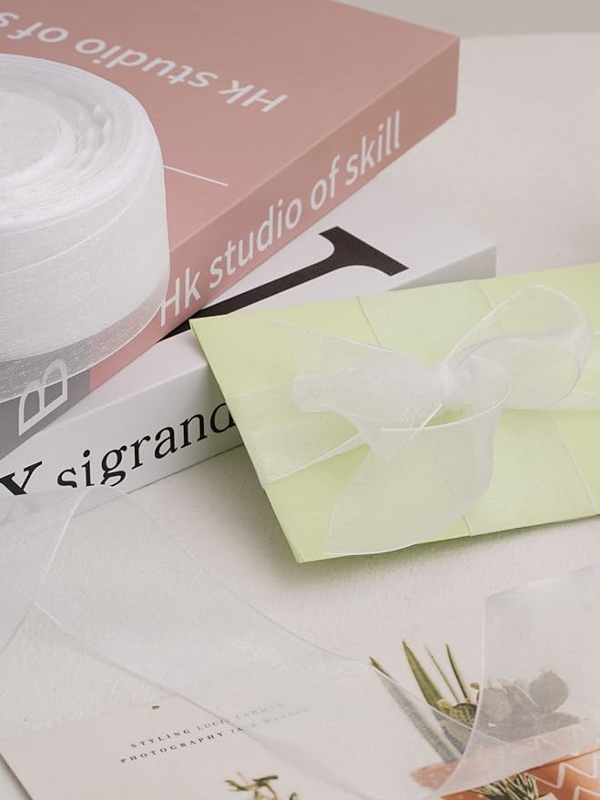 White Organza Ribbon for Gift Wrapping, FAKILO 2 Inch Shimmer Sheer Wrapping Ribbon for Bouquet, Wedding, Christmas Gift - 50 Yards Each Roll