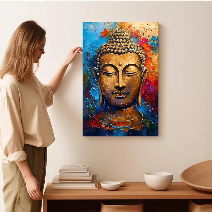 Golden Serenity Buddha Vintage Painting Wall Art Spirituality and Modern Art Wall Decor Adds Brilliance to Vibrant Home Decor 24x36in Wood Framed